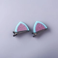 Pair of light blue felt cat ear hair clips with purple and pink sequins and black metal base - Light Blue