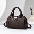 Classic coffee brown Boston handbag with plaid embossing and metallic buckle for women - Coffee