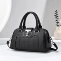 Quilted black leather tote bag with silver buckle and detachable shoulder strap - Black
