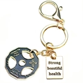 Golden fitness keychain with black weight plate and engraved motivational charms - Enamel Weight Plate and Tag Gold
