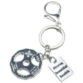 Silver barbell keychain with black enamel plate and engraved inspirational charms - Drip Oil Weight Plate and Rectangle Tag Silver