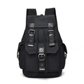Retro black canvas backpack with vintage brown leather straps and metal buckles for travel - Black