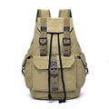 Unisex vintage canvas backpack in khaki green with leather straps and front pocket - Khaki