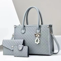 Three-piece grey tote bag set with woven texture and elegant pearl bow charm accessory - Sky Blue