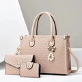 Nude pink three-piece handbag set with woven texture and pearl bow charm detail - Apricot