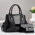 Three-piece black patent leather handbag set with croc-embossed texture and gold hardware - Black