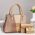 3-in-1 women's khaki handbag set with crocodile pattern and golden logo detail - Khaki