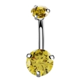 Detail view of silver stainless steel belly ring with double yellow round zircon stones - Dark Olive Zirconia
