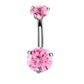 Detailed shot of a silver stainless steel belly ring with double pink zircon stones - Pink Zirconia