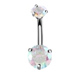 Detailed view of silver navel ring featuring iridescent stones in a prong setting - AB Iridescent Zirconia