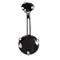 Detail of a curved stainless steel belly ring with large black multifaceted zircons - Black Zirconia