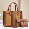 Set di 3 borse tote in tela a righe marroni con pochette e porta carte abbinato - Giallo ocra