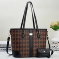 Elegant brown and black plaid tote bag set with monogram print and adjustable shoulder strap - Shoulder Bag Set / Black