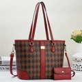 Brown monogram tote bag set with red leather trim and matching small coin purse - Shoulder Bag Set / Red