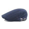 Navy blue knitted newsboy cap with cable knit pattern and black leather adjustable strap - 55-60cm (Adjustable) / Navy Blue