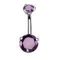 Macro detail of silver stainless steel belly button ring with round purple zircon stones - Purple Zirconia