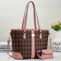Detail of Argyle pattern tote bag with pink leather handles and mini matching purse - Shoulder Bag Set / Pink