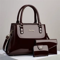 Deep burgundy glossy patent leather 3-piece handbag set with tote and wallet - Coffee