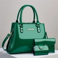 Three-piece women's handbag set in green patent leather including tote and wallets - Green