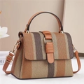 Women's 2025 woven crossbody bag with striped pattern and brown leather handle - Khaki/Earth Yellow