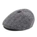 Men's winter flat cap in grey herringbone wool with black faux leather brim detail - Gray / 56