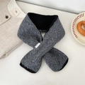 Close-up of grey knit wool scarf showing detailed cable texture and 100% wool material tag - Grey Black