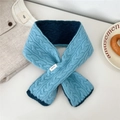 Detail view of two-tone 100% wool knit scarf featuring thick chunky cable knit texture - Blue