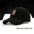 Black cotton baseball cap with coffee-colored trim and a brown leather square patch - Black with Brown Label (Coffee Edge)