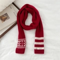 Close-up of red 100% wool knitted scarf featuring snowflake pattern and stripe detail - 10*185cm / 03 WOOL Snowflake Red
