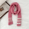 Dettaglio della sciarpa in maglia rosa con etichetta 100% lana e motivo geometrico - Rosa (Riga Fiocco di Neve)