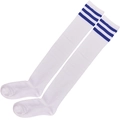 White over-knee socks with blue triple stripes on cuffs, classic college style flat lay - One Size / White Background Blue Stripes