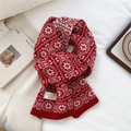 Detail of red and cream wool scarf featuring classic jacquard snowflake knit patterns - 21*160cm / Red