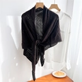 Detailed close-up of dark coffee hollow knit shawl with refined geometric patterns - Dark Brown