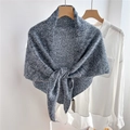 Detailed macro of blue and white marl knit wool triangle scarf with knot design on hanger - 105x105x173cm / Marled Beige-Blue
