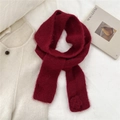 Detail view of wine red knit scarf showing soft mohair texture and 3D floral accent - Scarf / Burgundy