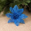 Blauwe holle kunstmatige kerstbloem met glitter op een jute achtergrond - Blauw