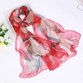 Lightweight sheer red chiffon scarf with abstract geometric leaf print on white background - 160*50CM / Red Geometric Leaf