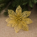 Golden hollow glitter Poinsettia flower on burlap with pine branches for Christmas decor - Gold