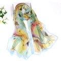 Lightweight chiffon scarf with colorful leaf patterns and blue hem on white background - 160*50CM / Blue Green Geometric Leaf