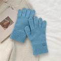 Detail of light blue knitted winter gloves featuring wide ribbed cuffs and soft texture - One Size / Sky Blue