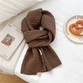 Detailed texture of thick brown knit wool scarf with woven checkered pattern and label - 29*167cm / Brown