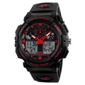 Men's dual-display digital watch in black resin with striking red accents and hands - Red