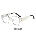 Silver geometric metal sunglasses frame with vintage punk style and hollowed temples - Silver Frame Clear Lens