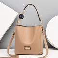 Minimalist khaki leather bucket bag with adjustable strap and cat charm detail - Khaki