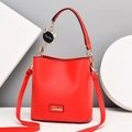 Chic red bucket bag in lychee pattern leather with cute cat pendant and shoulder strap - Red