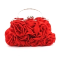 Elegant red satin evening bag with 3D handmade roses and silver metal handle - Red