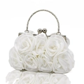 White satin evening bag with handmade 3D roses and silver metal handles for bridal use - White