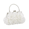 Detail of handcrafted 3D satin roses on ivory evening bag with silver metal handle - White