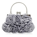 Elegant silver satin evening bag with handmade 3D roses and metal kiss-lock handle - Silver