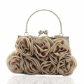 Elegant champagne satin evening clutch featuring 14 handmade 3D roses and silver metal handle - Champagne